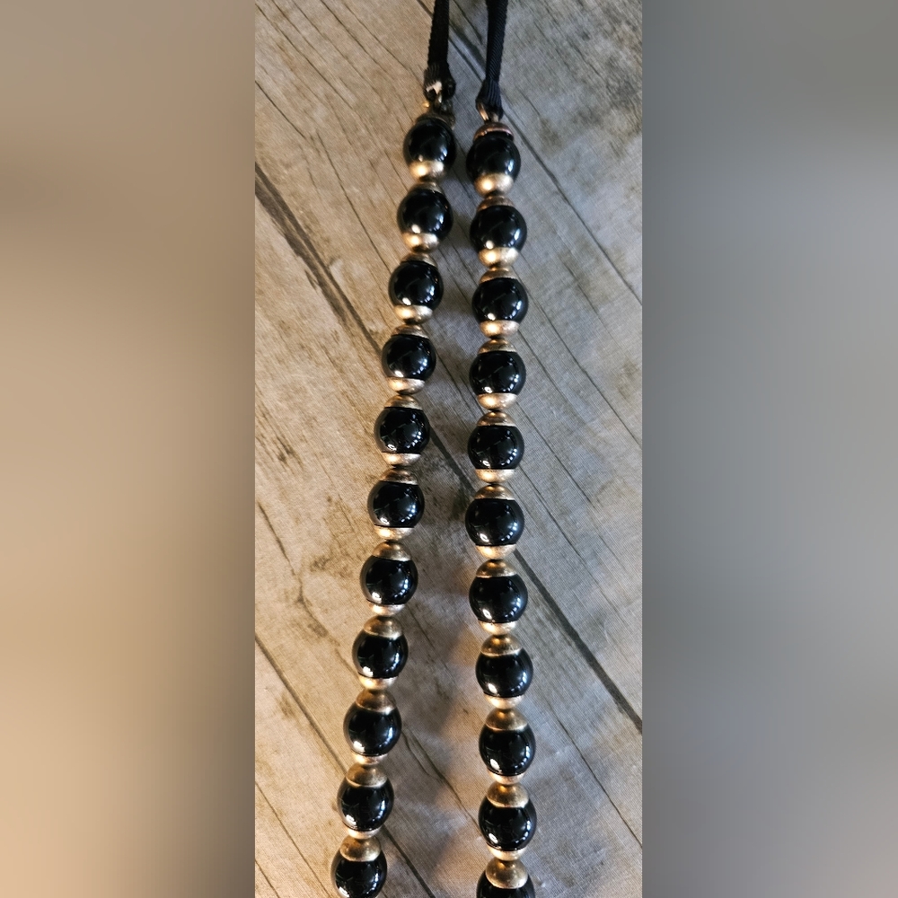[J. CREW] Black & Gold ○● Beaded Statement Necklace with Cloth Tie - Picture 11 of 15